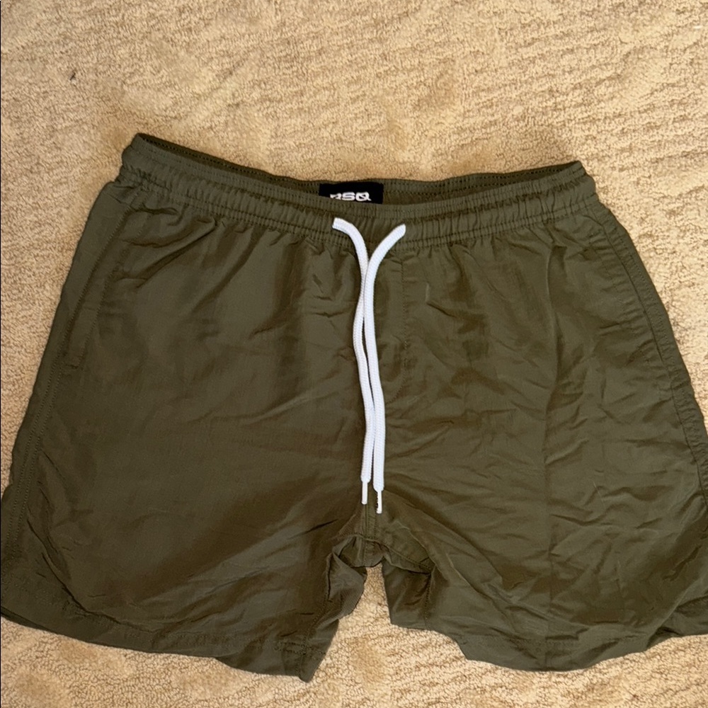 Medium Nylon Olive Green Men's Shorts with White Drawstring